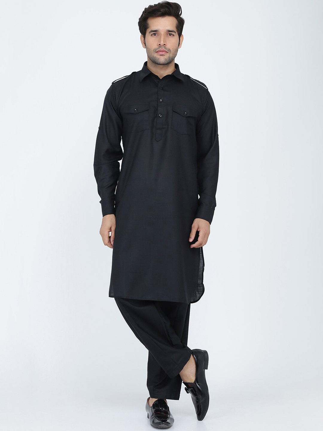 ROYAL KURTA Men Black Solid Cotton Pathani Kurta