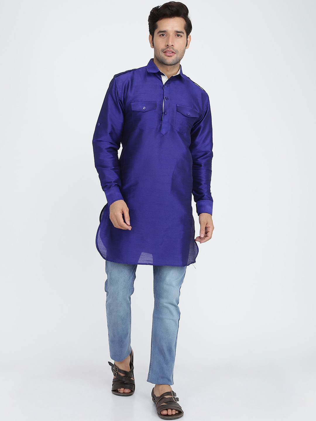 ROYAL KURTA Men Blue Summer Sheers Pathani Kurta