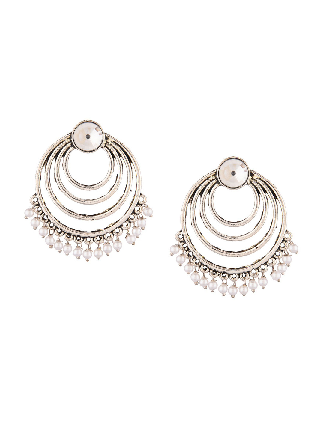 Efulgenz White & Silver-Toned Rhodium-Plated Oxidised Crystals Studded Drop Earrings