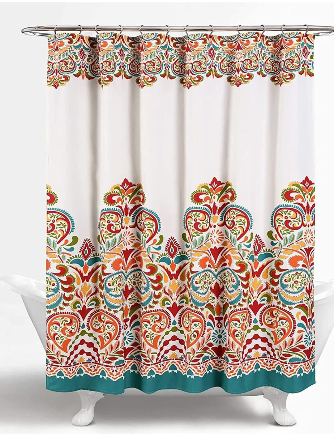 homewards White & Red Floral Printed Shower Curtains With Hooks