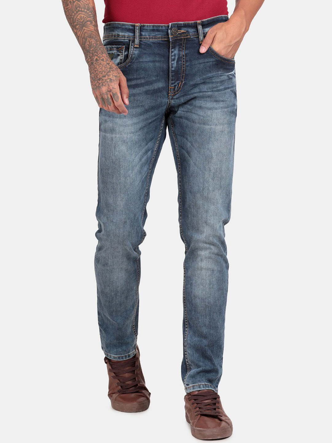 RUG WOODS Men Blue Low Distress Heavy Fade Stretchable Jeans
