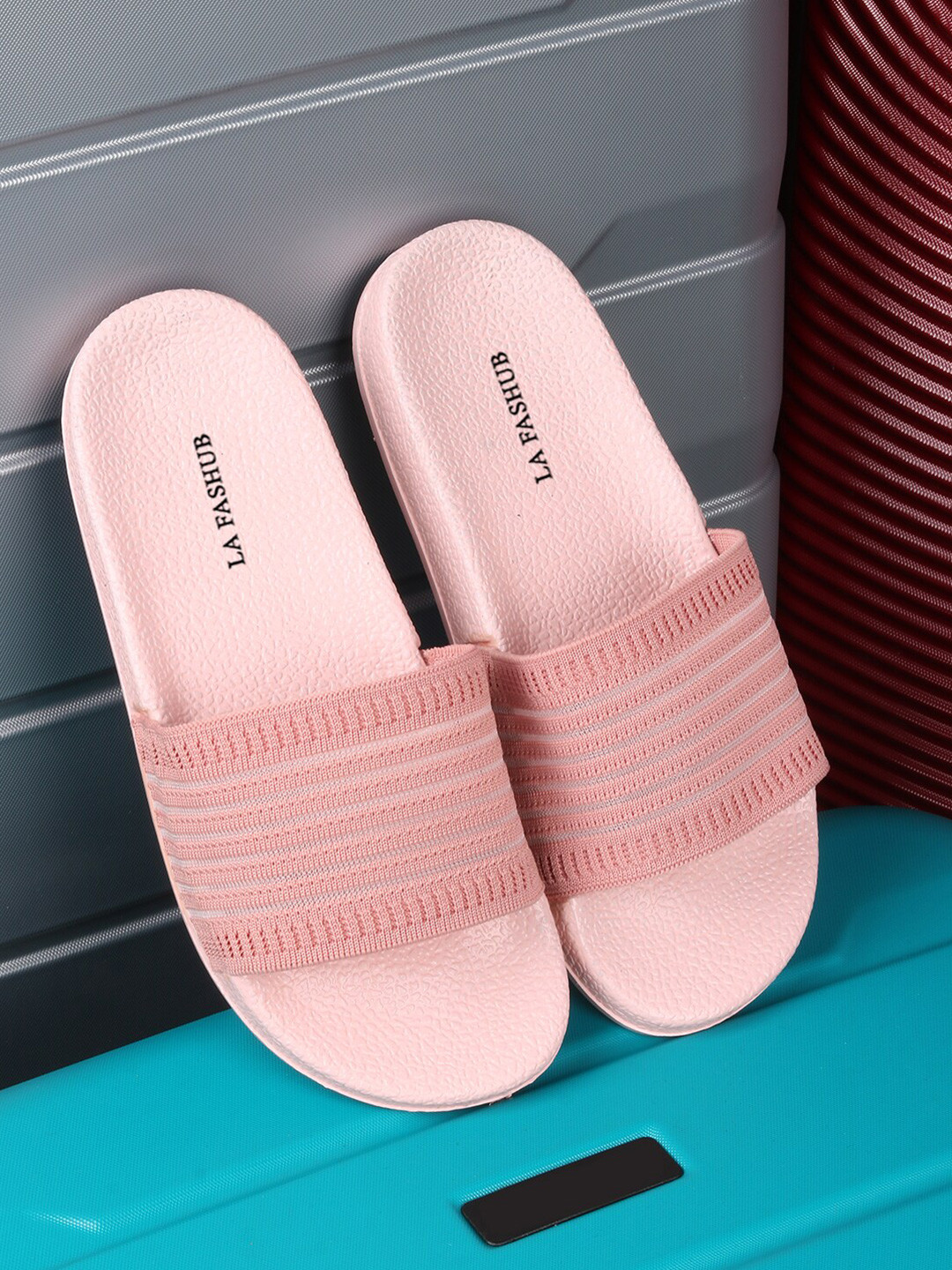 LA FASHUB Women Pink Striped Sliders