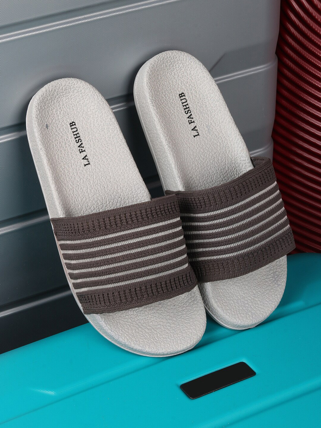 LA FASHUB Women Grey Striped Sliders