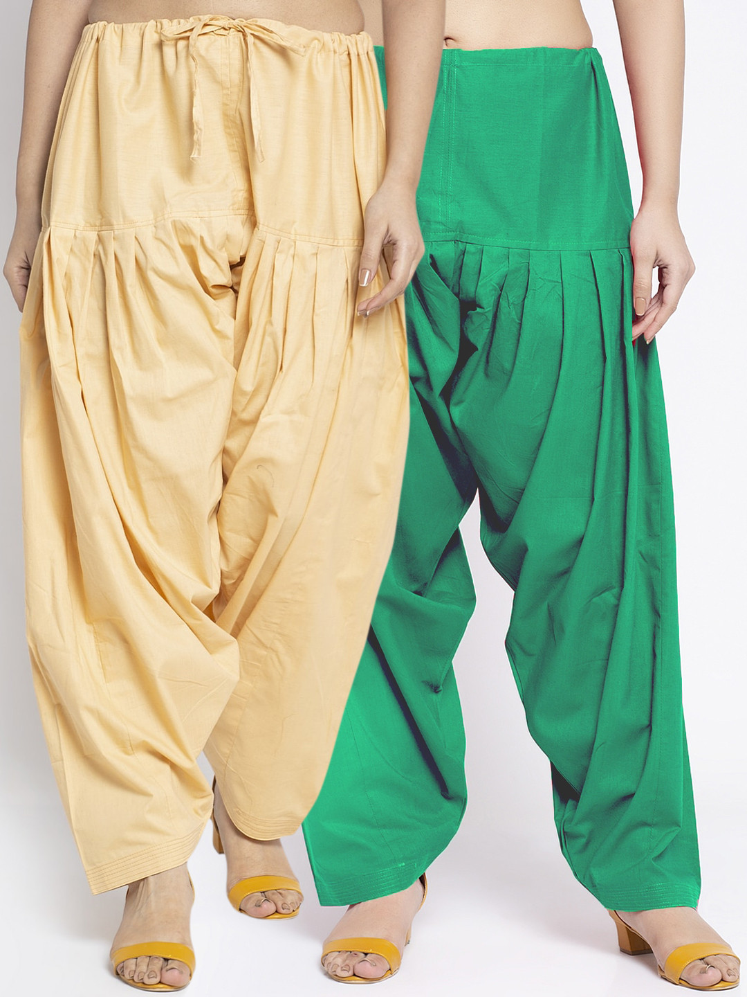 Jinfo Women Pack Of 2 Beige & Green Solid Pure Cotton Loose Fit Salwar