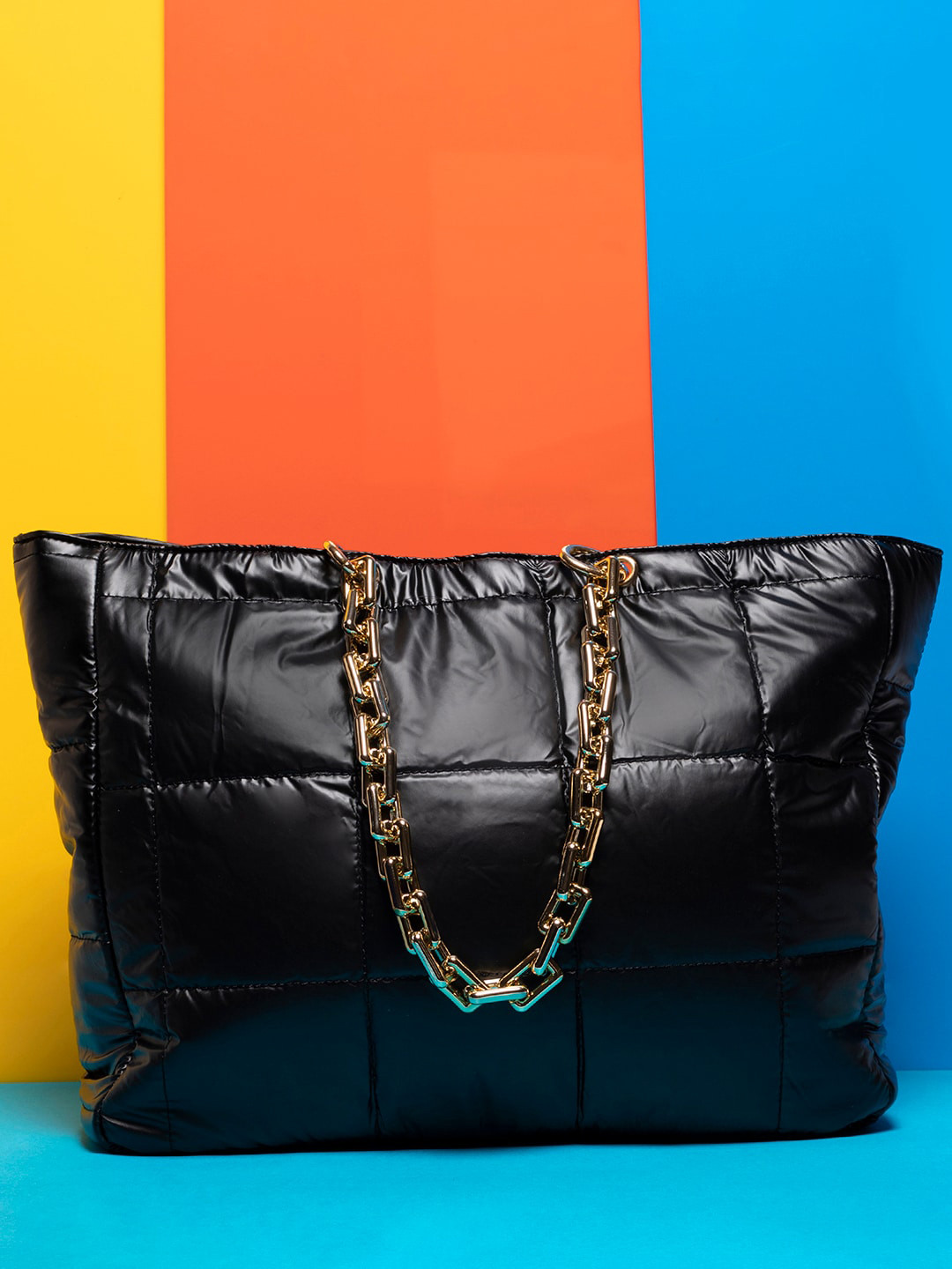 HAUTE SAUCE Black Textured PU Oversized Structured Shoulder Bag Tote Quilted Handbag