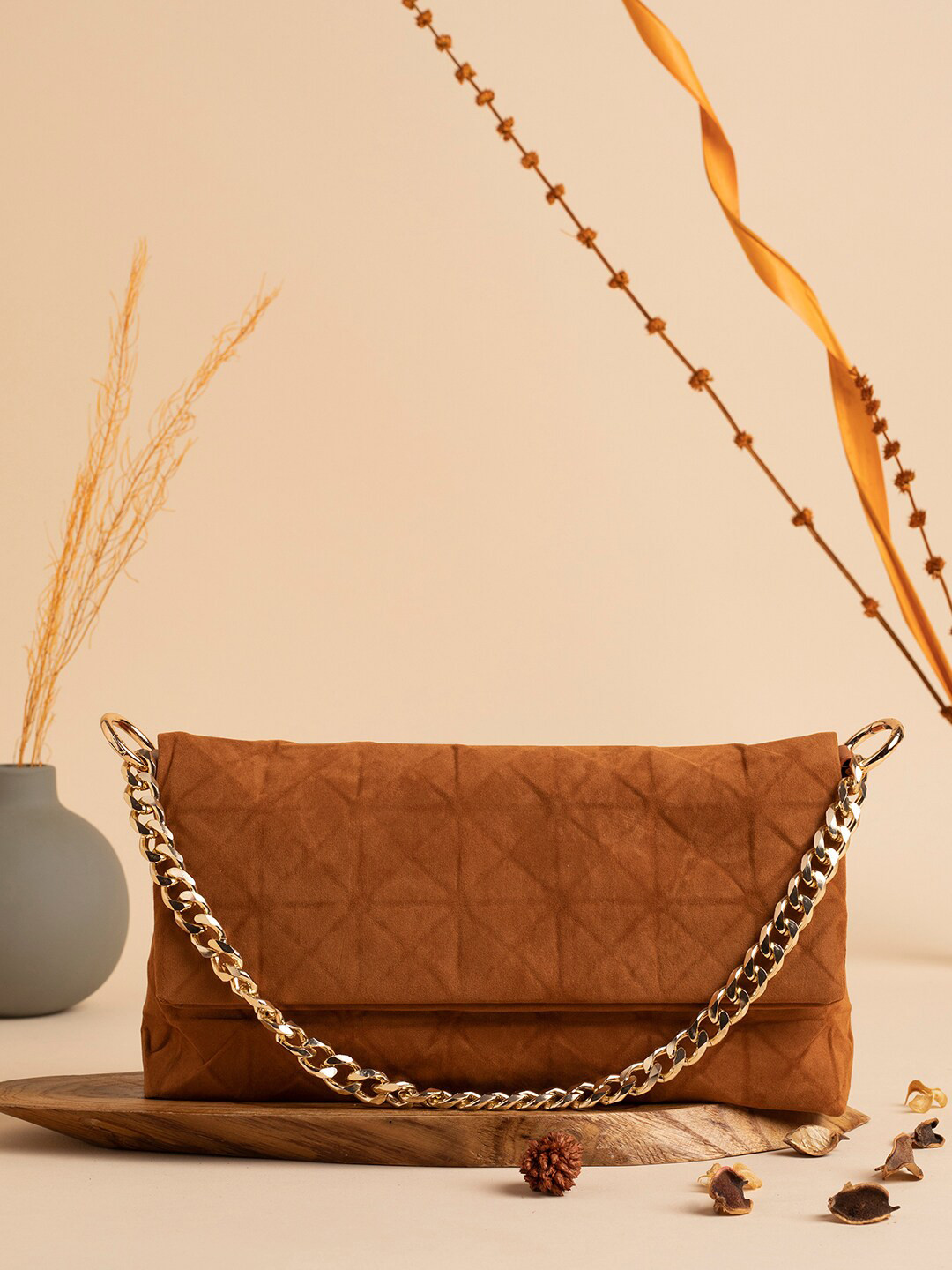 HAUTE SAUCE  Tan PU Structured Sling Bag with Fringed