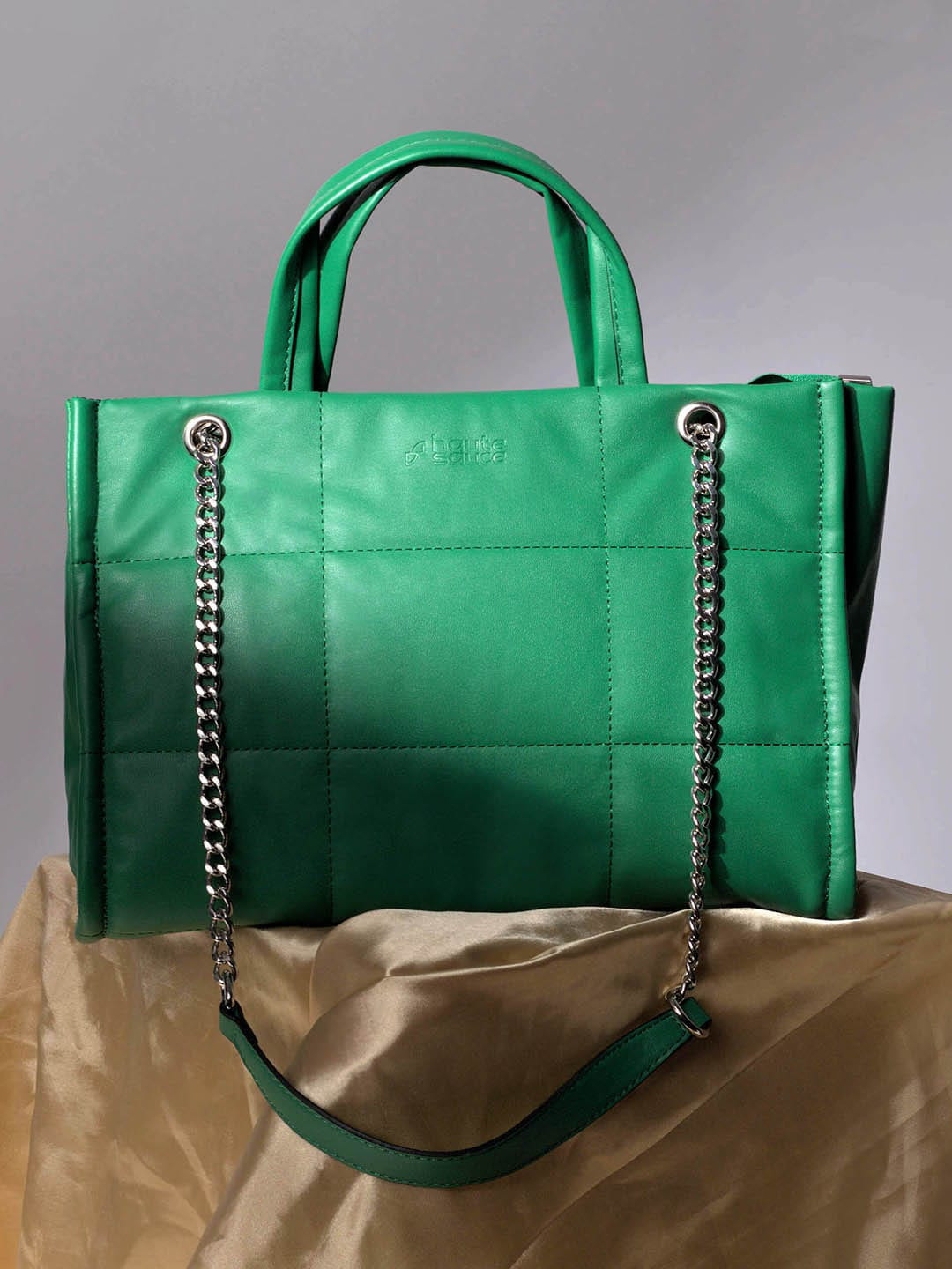 HAUTE SAUCE Green Structured Satchel with Quilted Handbag