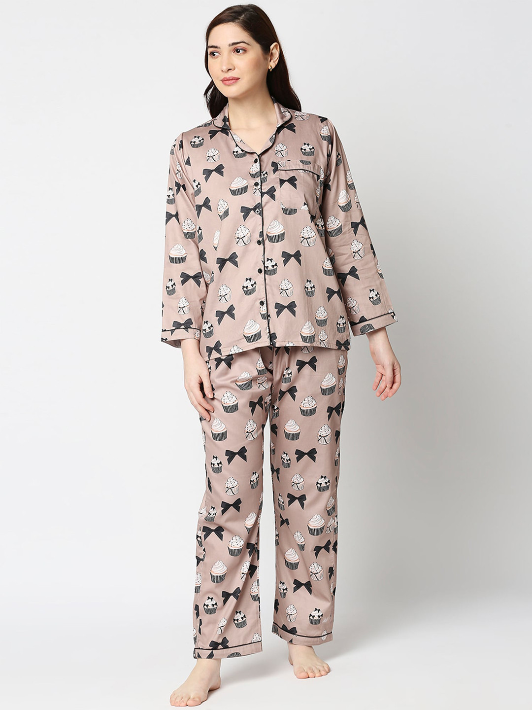 Pyjama Party Women Brown & Grey Printed Night suit