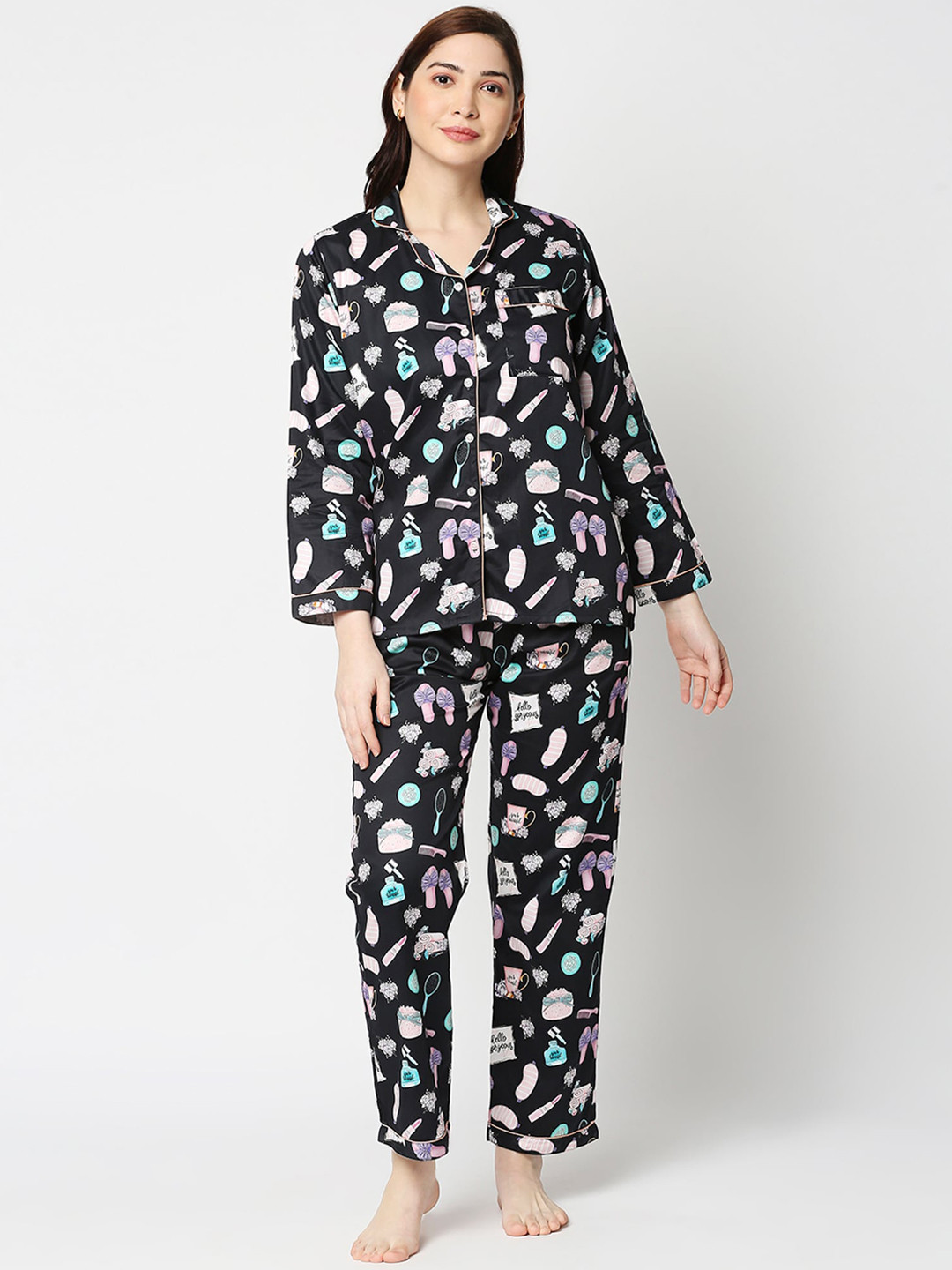 Pyjama Party Women Black & White Printed Night suit