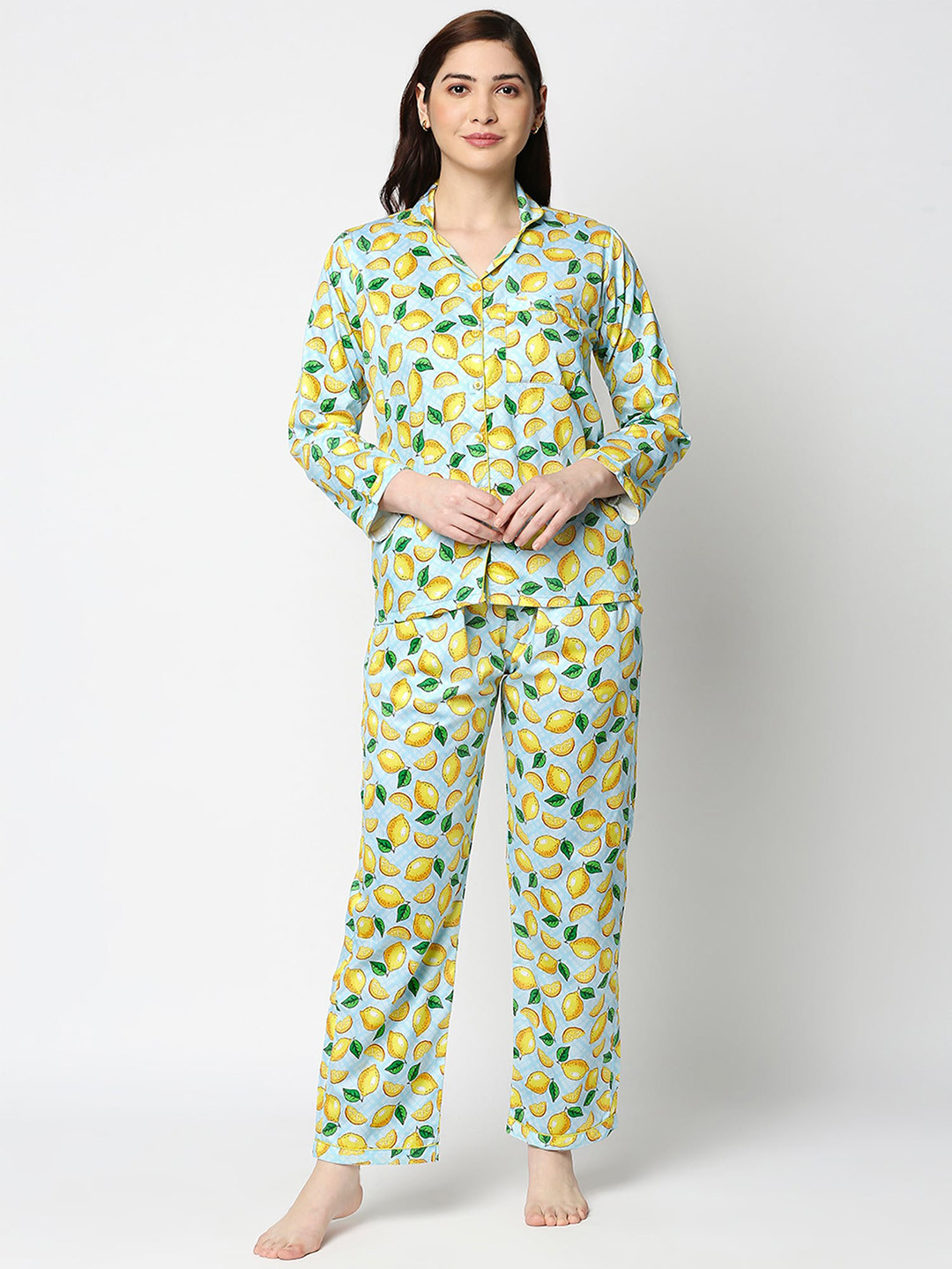 Pyjama Party Women Blue & Yellow Printed Limencello Night suit