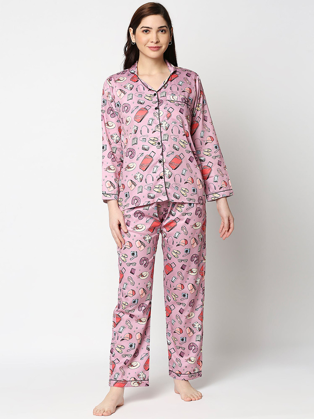 Pyjama Party Women Purple & Pink Printed Night suit