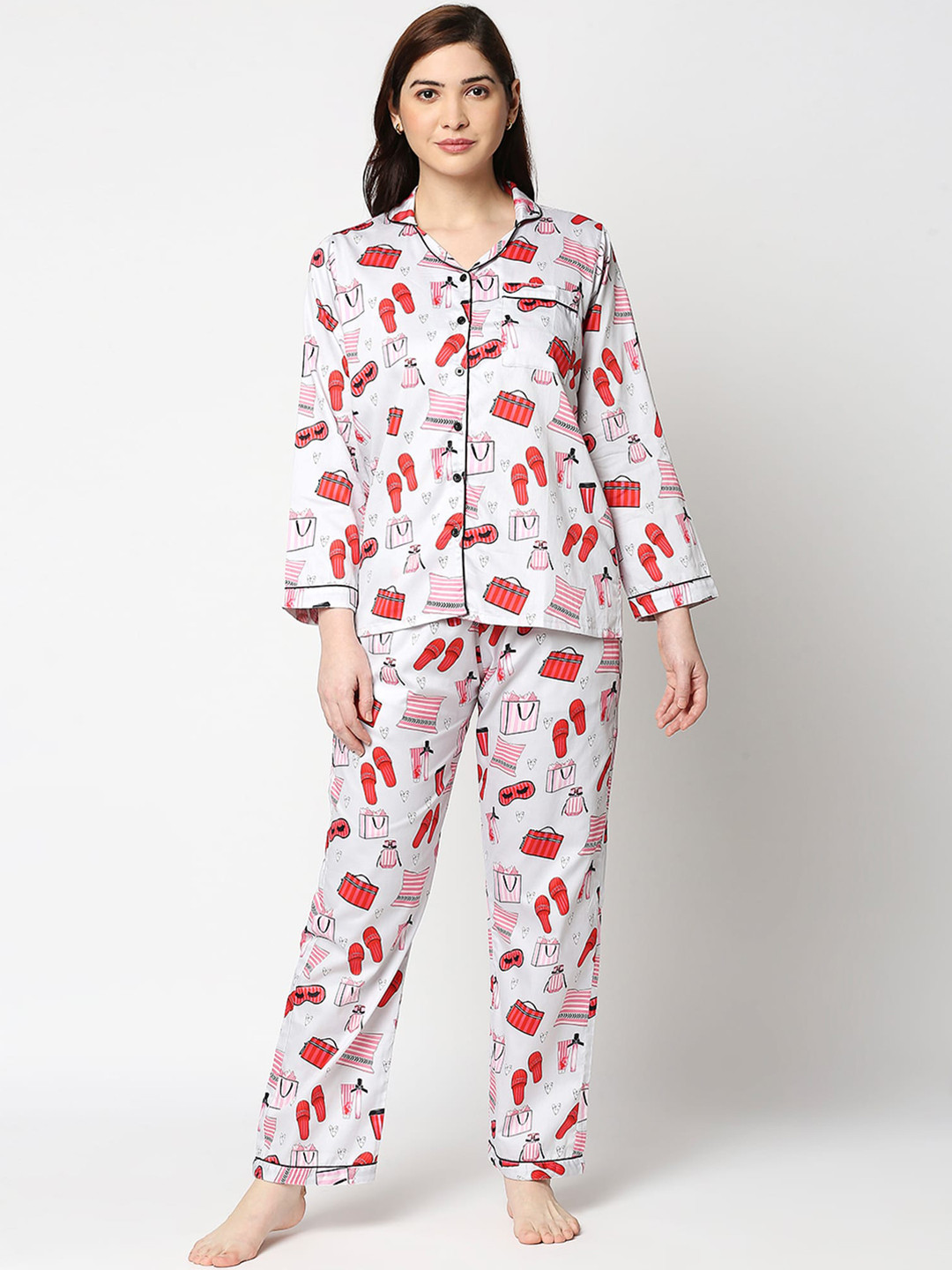 Pyjama Party Women Cotton Grey & Red Printed Night suit