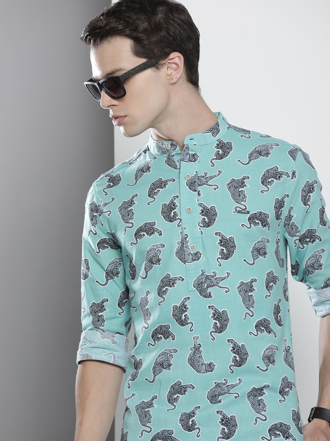 The Indian Garage Co Men Blue Printed Band Collar Cotton Casual Shirt