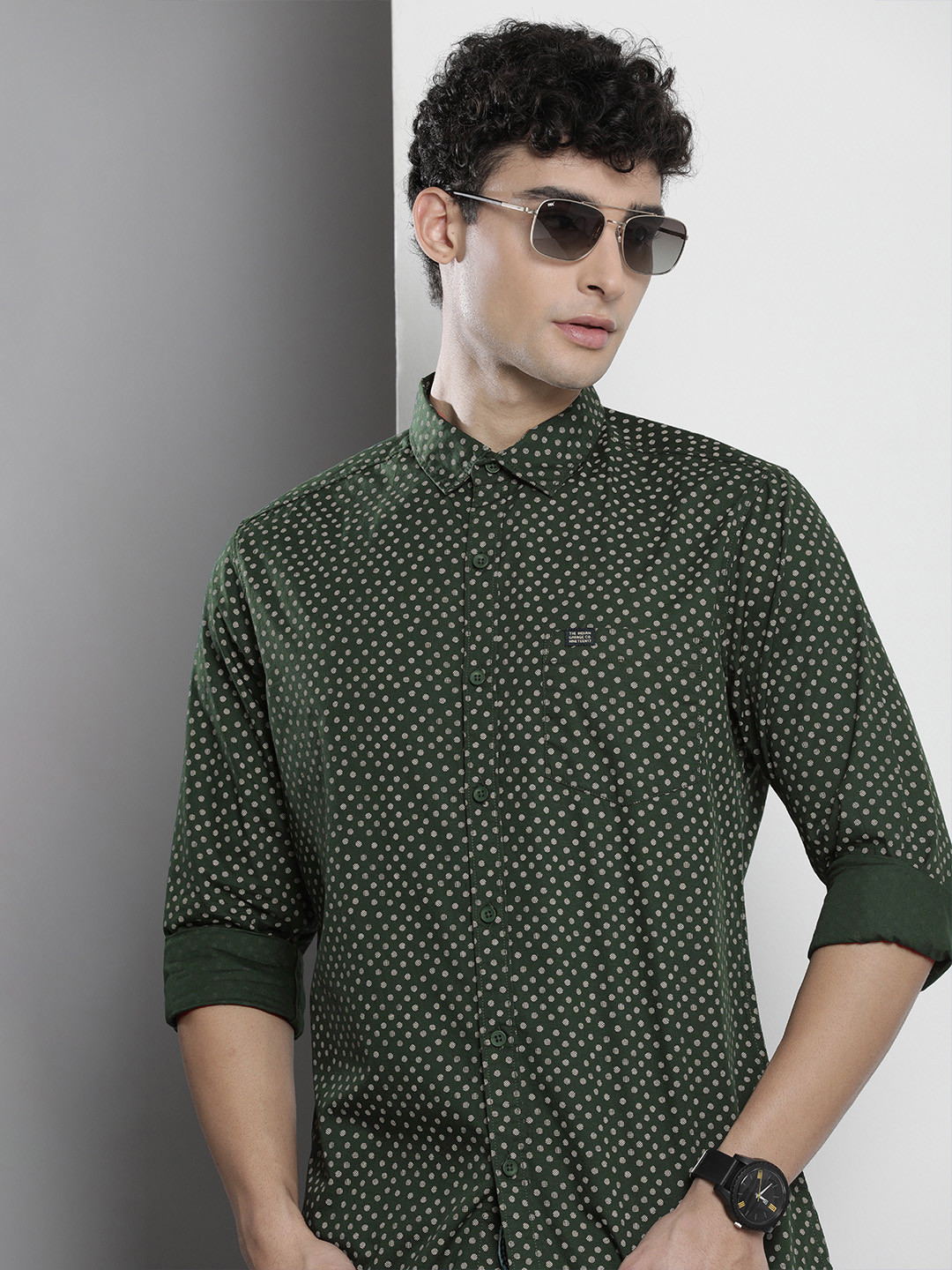 The Indian Garage Co Men Green Printed Cotton Casual Shirt