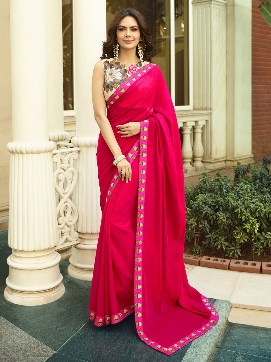 Shaily Pink & Grey Embroidered Pure Georgette Saree