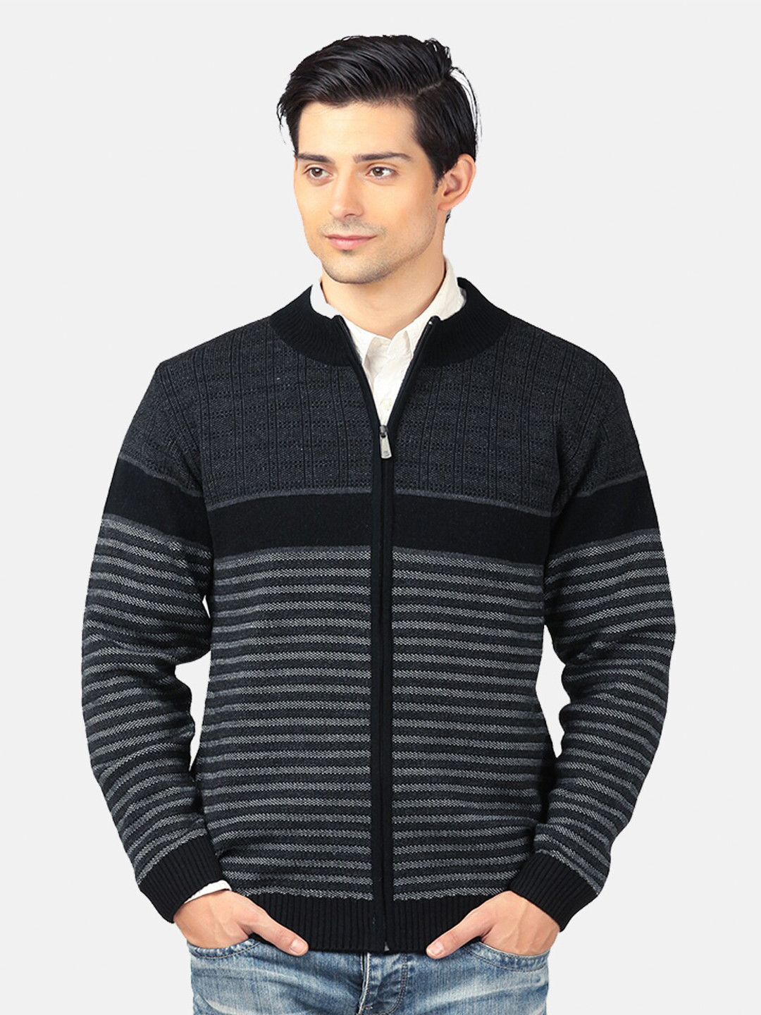 aarbee Men Black & Grey Striped Cardigan