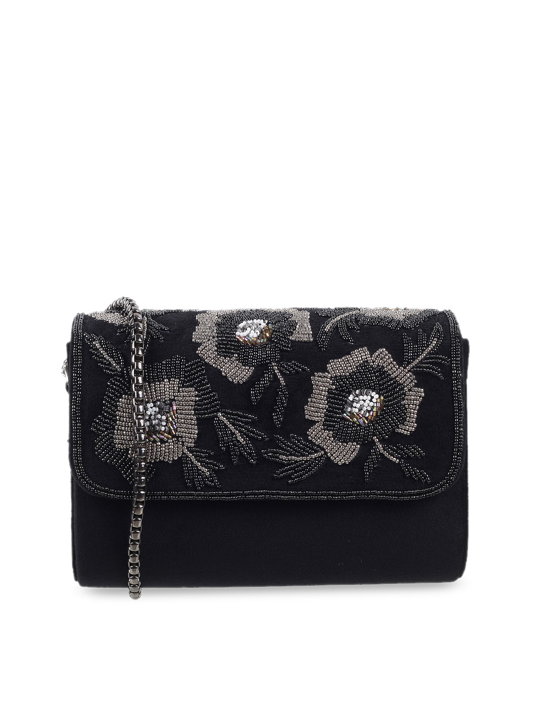 Metro Black & Off White Embellished Foldover Clutch