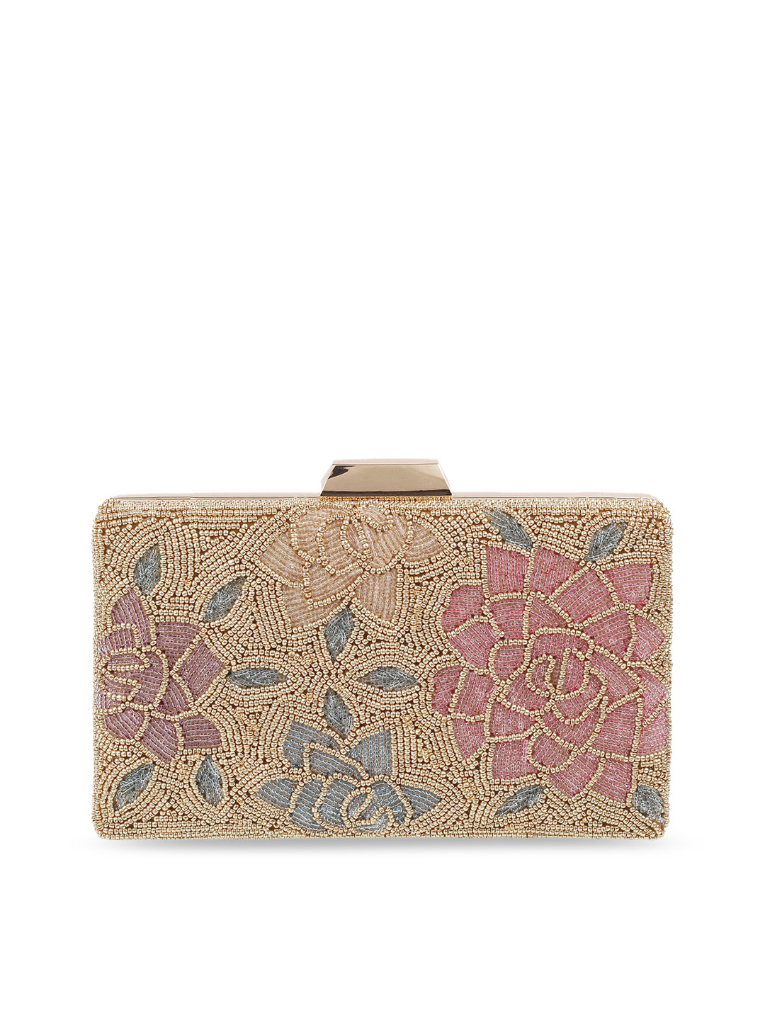 Mochi Gold-Toned & Pink Embellished Box Clutch