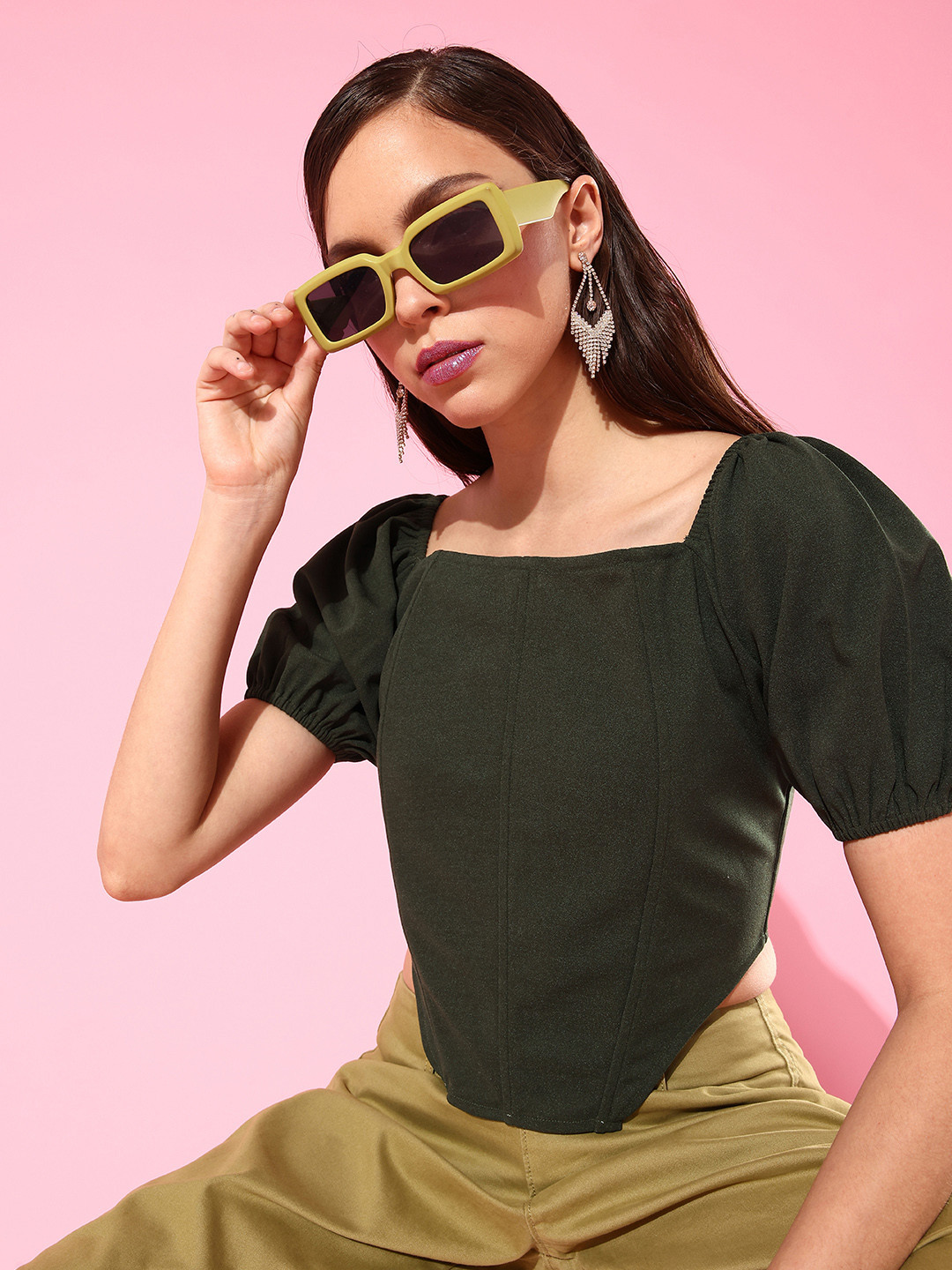 Athena Green Solid Corset Club Top