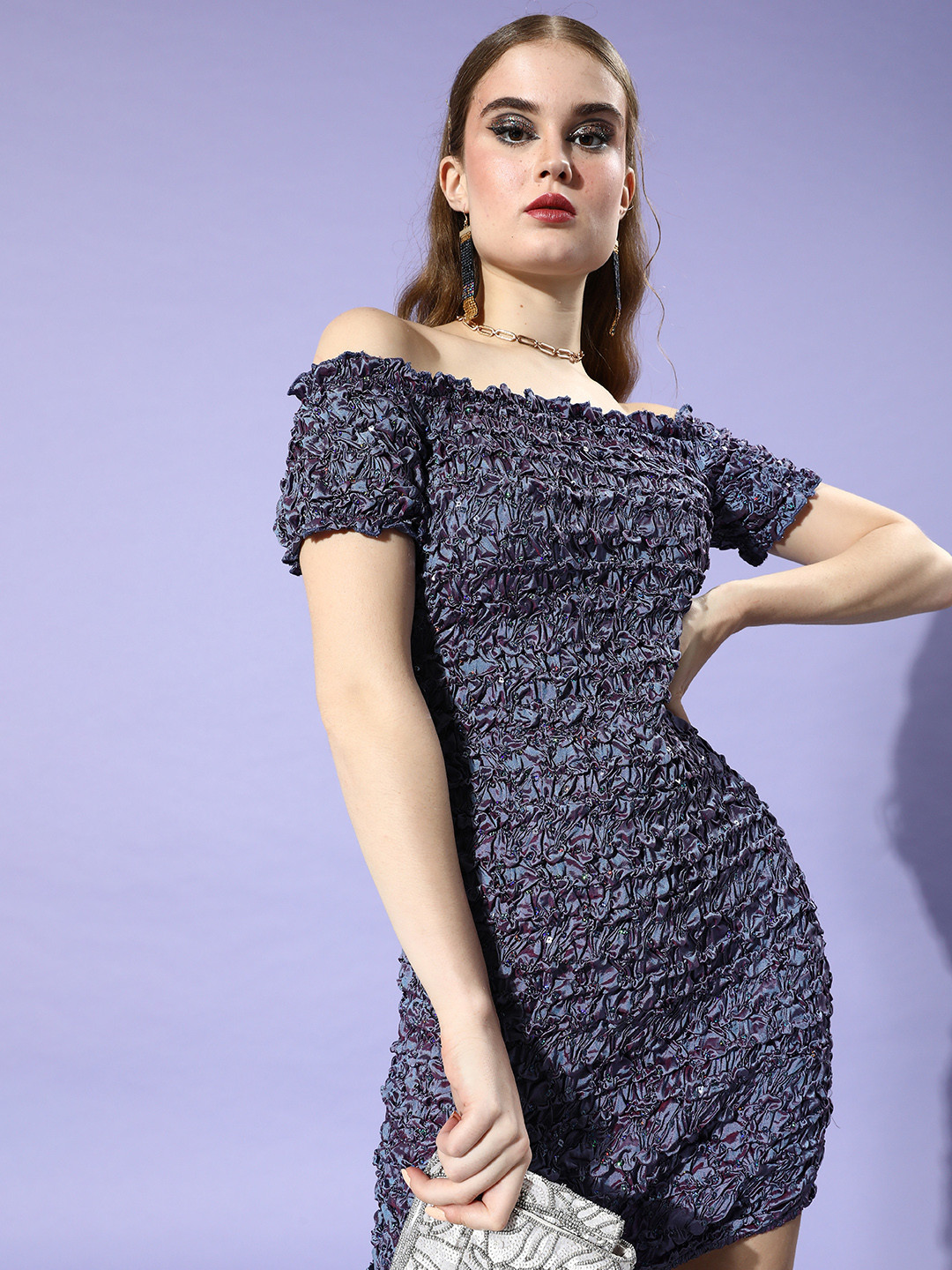 Athena Blue Smocked Sequinned Bodycon Dress