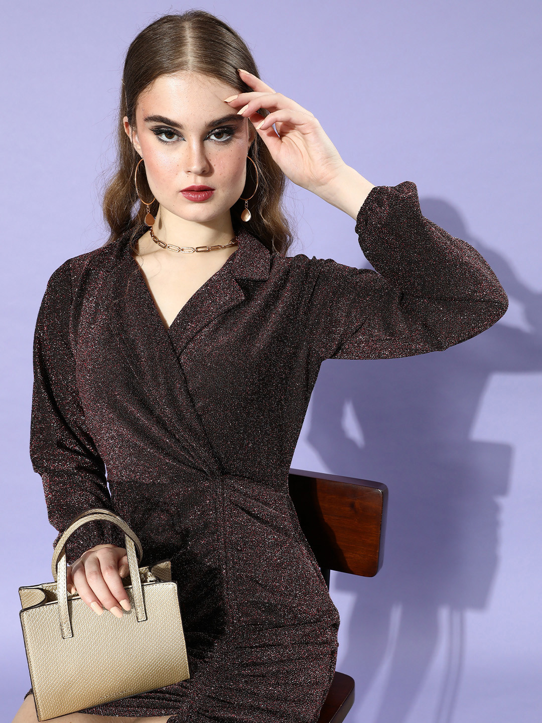 Athena Maroon Lapel Collar Blingy Dress