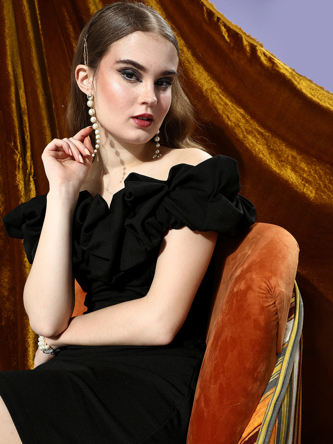 Athena Black Off-Shoulder Scrunchie Bodycon Dress