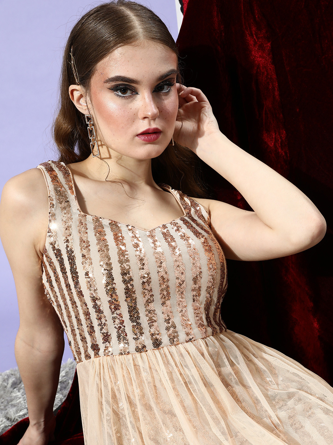 Athena Beige & Golden Sequinned Semi-Sheer Net Maxi Dress