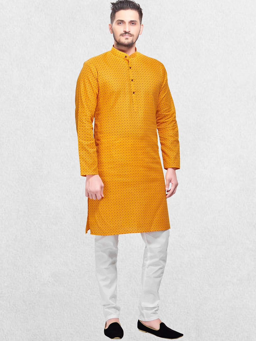 SHIWAM ETHNIX Men Cotton Yellow Geometric Block Print Kurta
