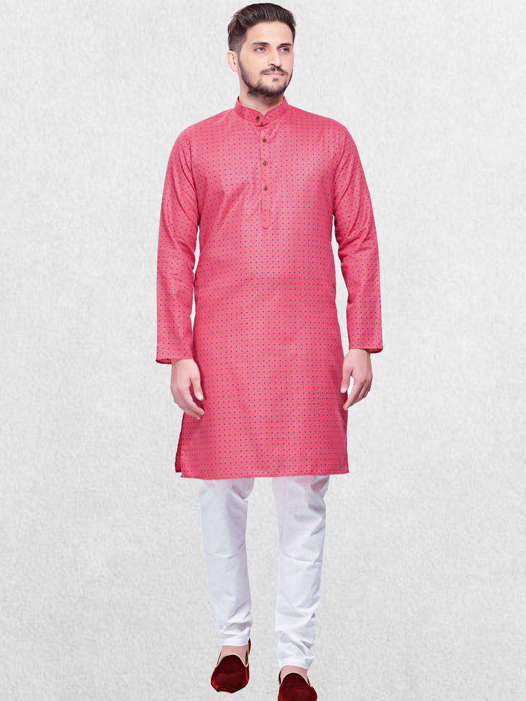SHIWAM ETHNIX Men Pink & Blue Polka Dot Printed Block Print Kurta Plus Size