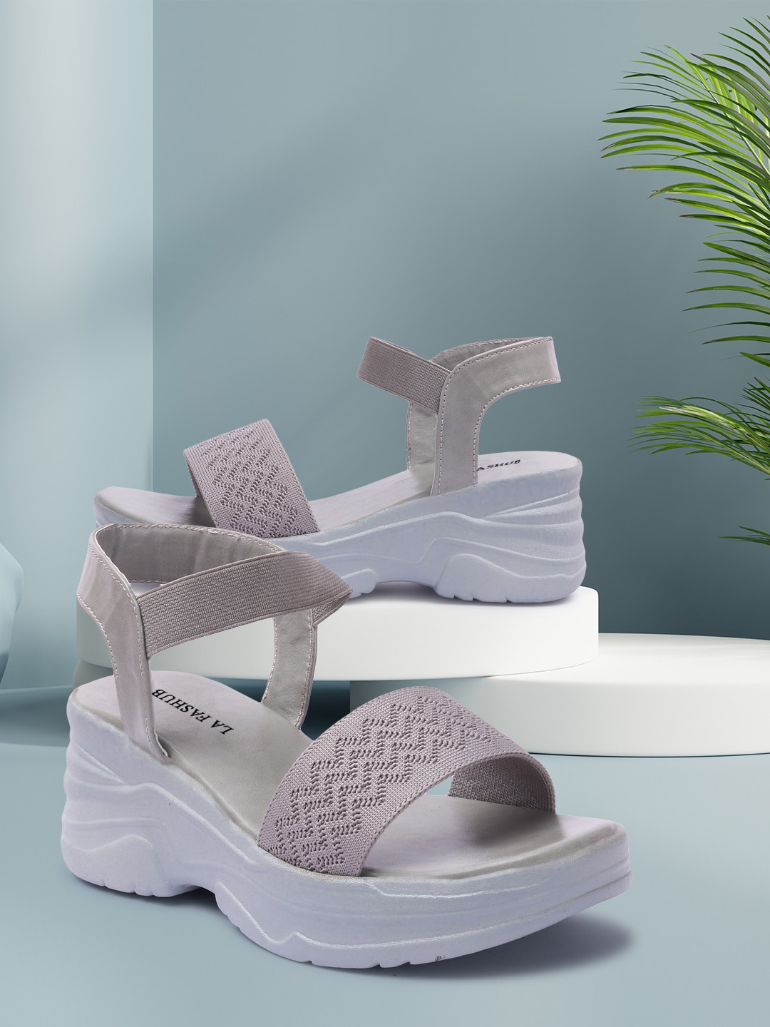 LA FASHUB Women Grey Woven Design Casual Wedge Sandals With Laser Cuts