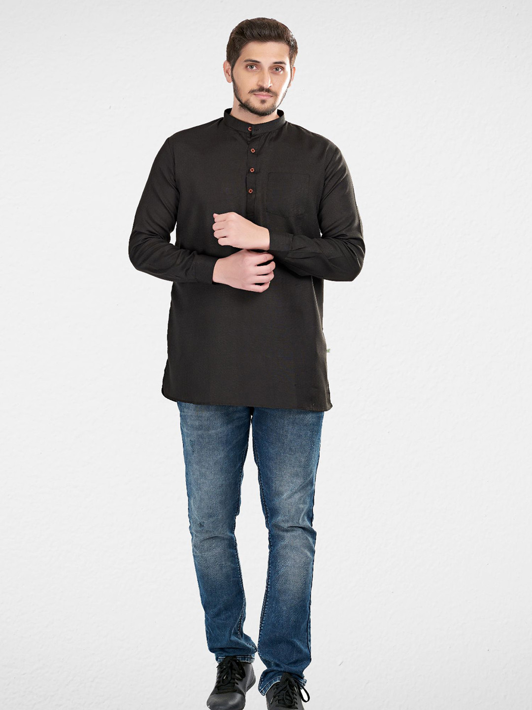 SHIWAM ETHNIX Men Black Solid Kurta & Plus Size