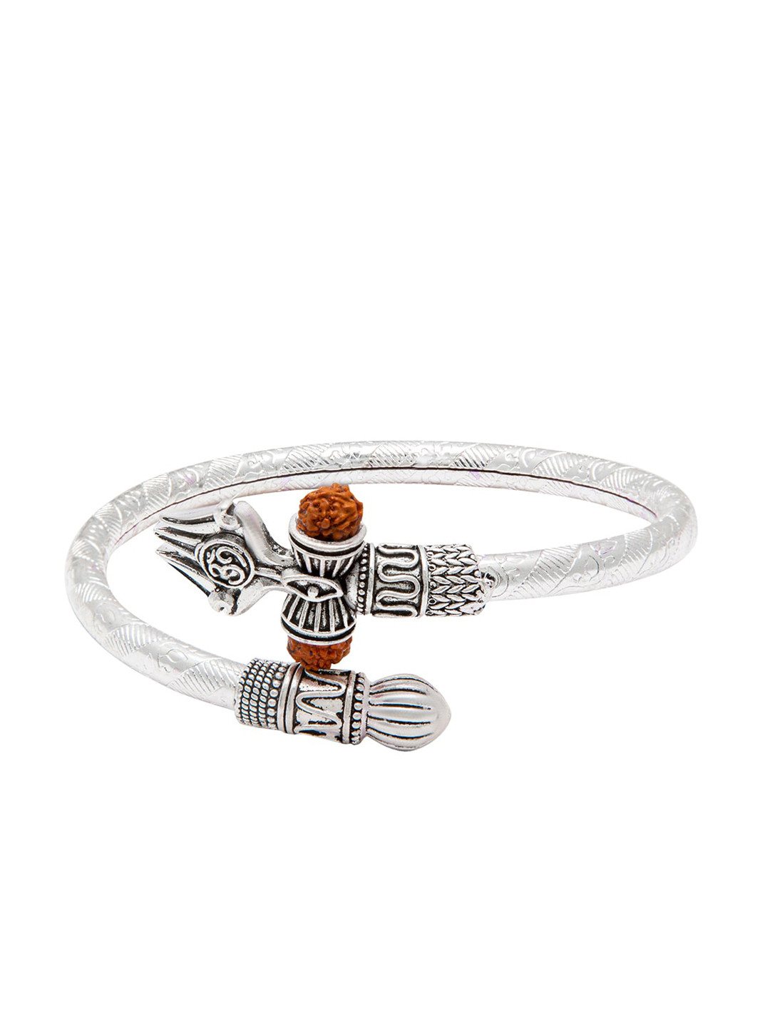 bodha Men Brown Oxidized Rudraksha Damru Trishul Shiva Silver-Plated Kada Bracelet