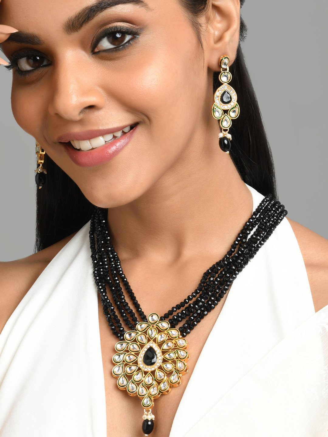Fida Gold-Plated & Black Beaded Layered Jewellery Set