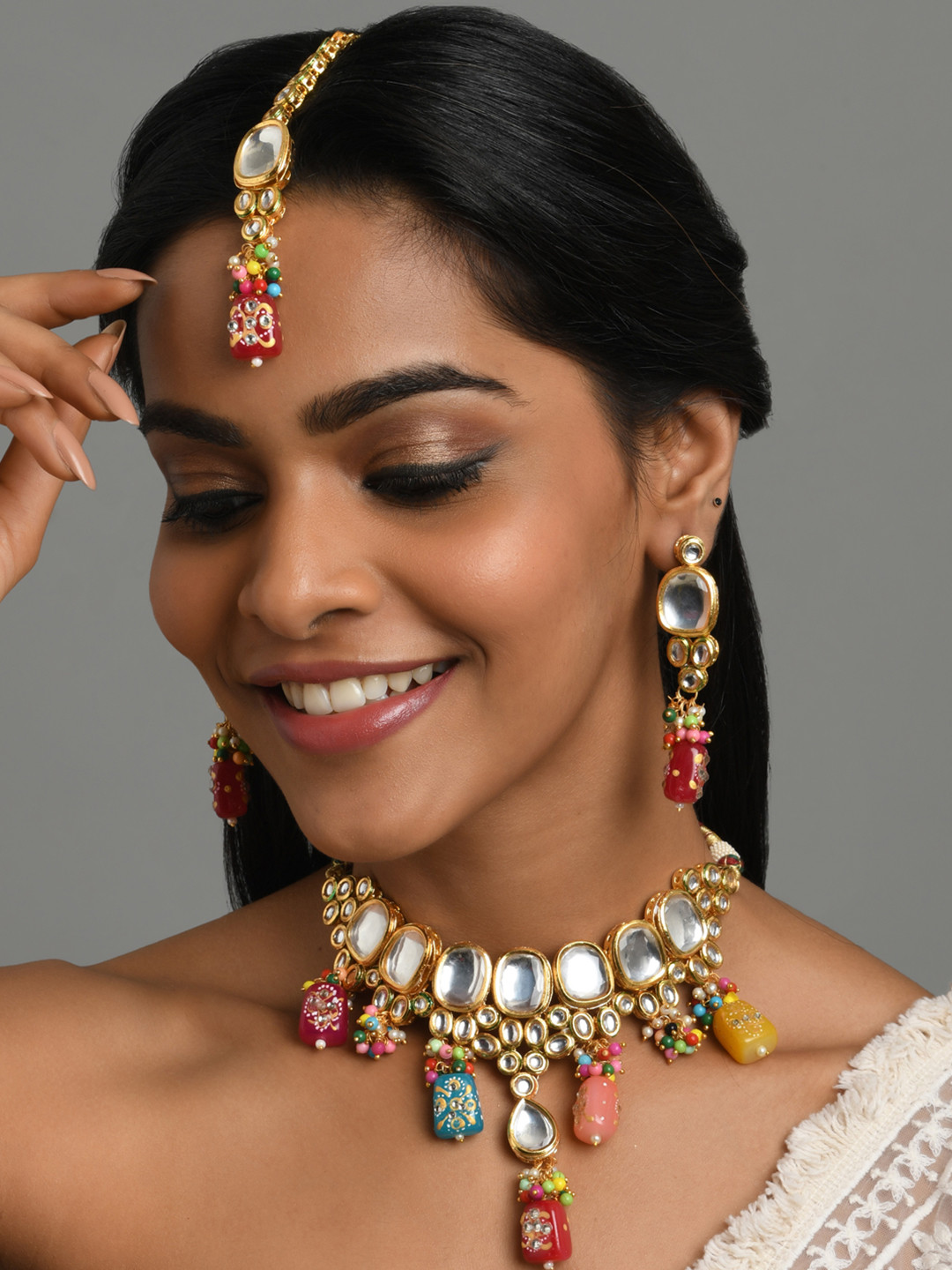 Fida Women Gold-Plated White & Blue Stone-Studded & Ornate Pearl Beaded Jewellery Set