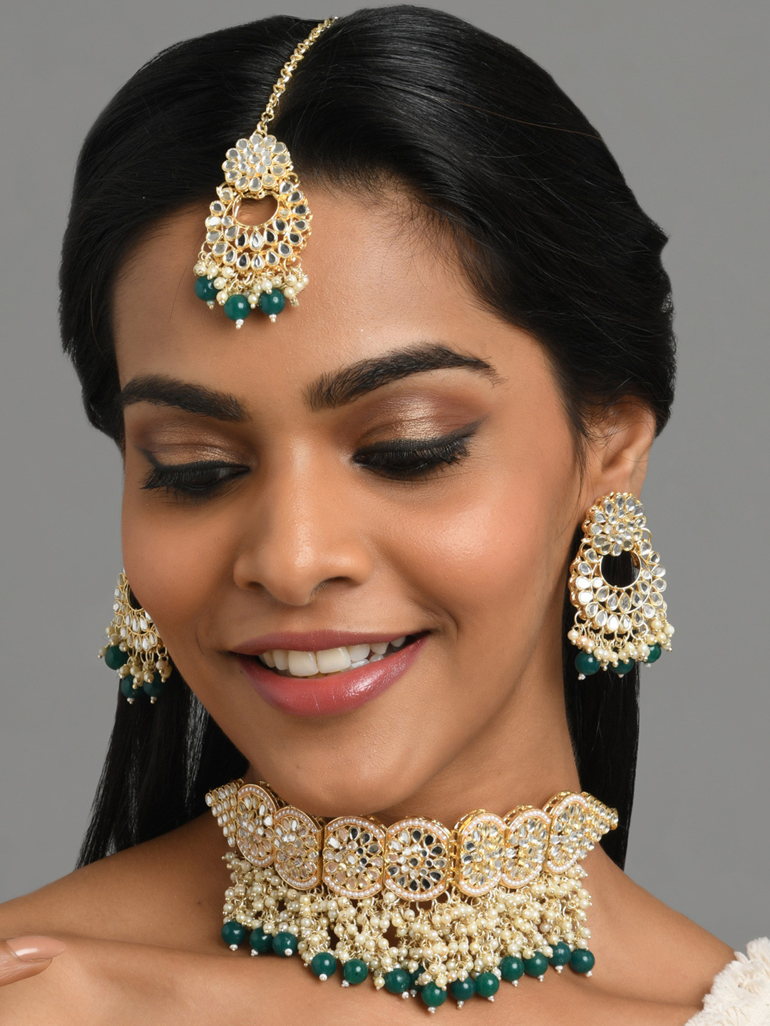 Fida White & Green Handmade Gold-Plated Pearl Kundan Choker Jewellery Set