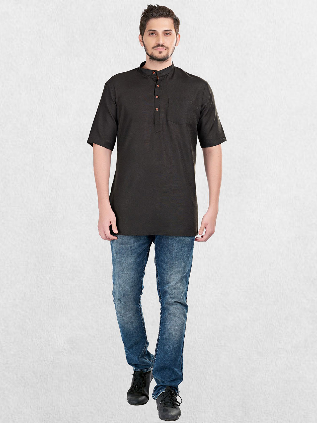 SHIWAM ETHNIX Men Black Thread Work Pathani Kurta
