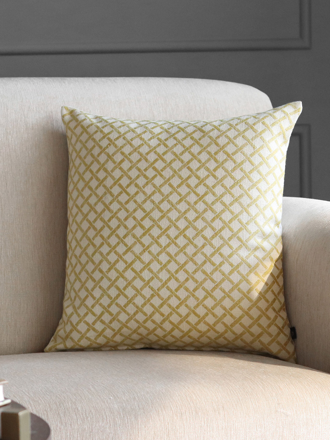 GM Yellow Geometric Polycotton Durable Textured Square Cushion Cover -16x16In