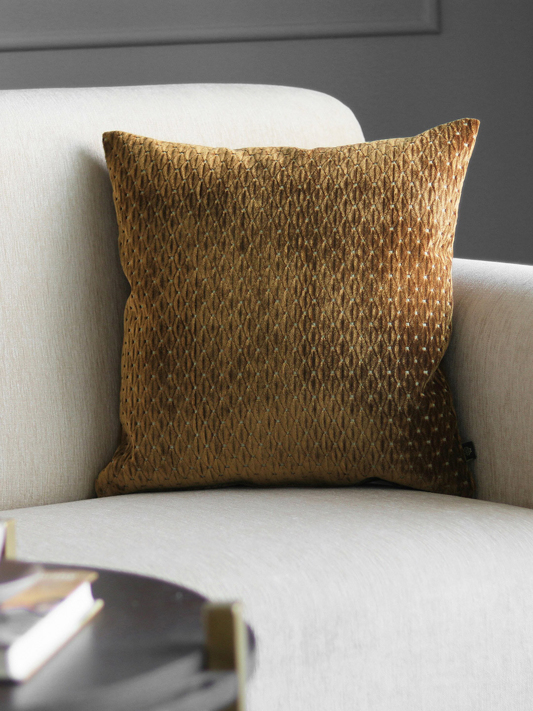 GM Mustard Checked Velvet Square Cushion Covers
