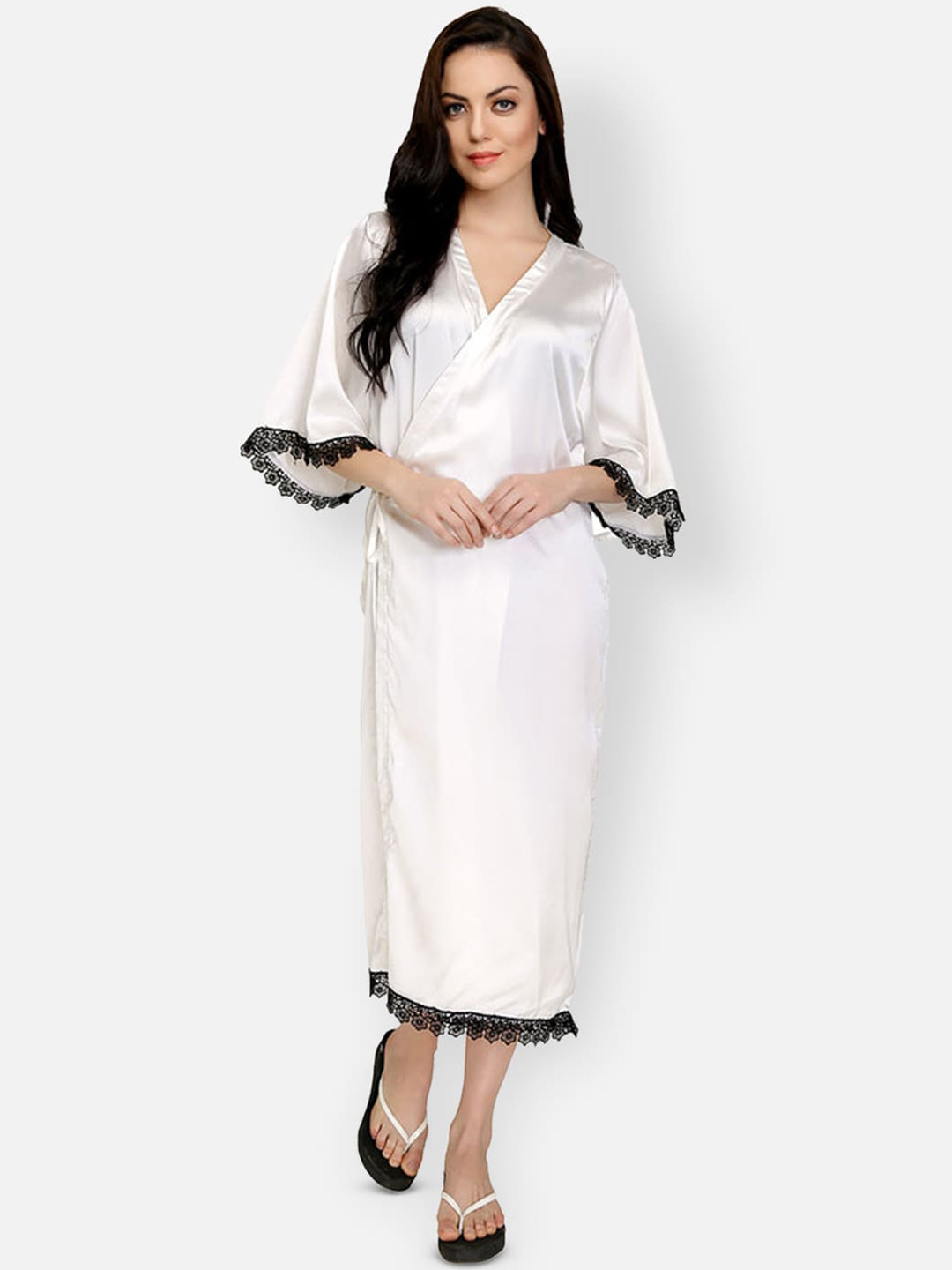 Ashtag Women White Solid Satin Robe