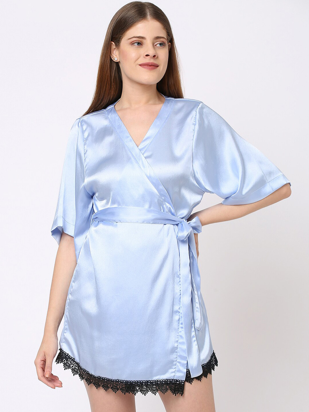 Ashtag Women Ice Blue Solid Satin Bath Robe With Belt
