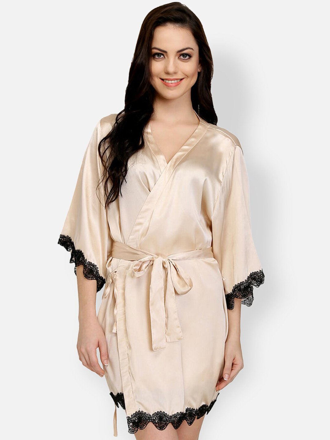 Ashtag Women Champagne Solid Satin Robe With Lace Detail