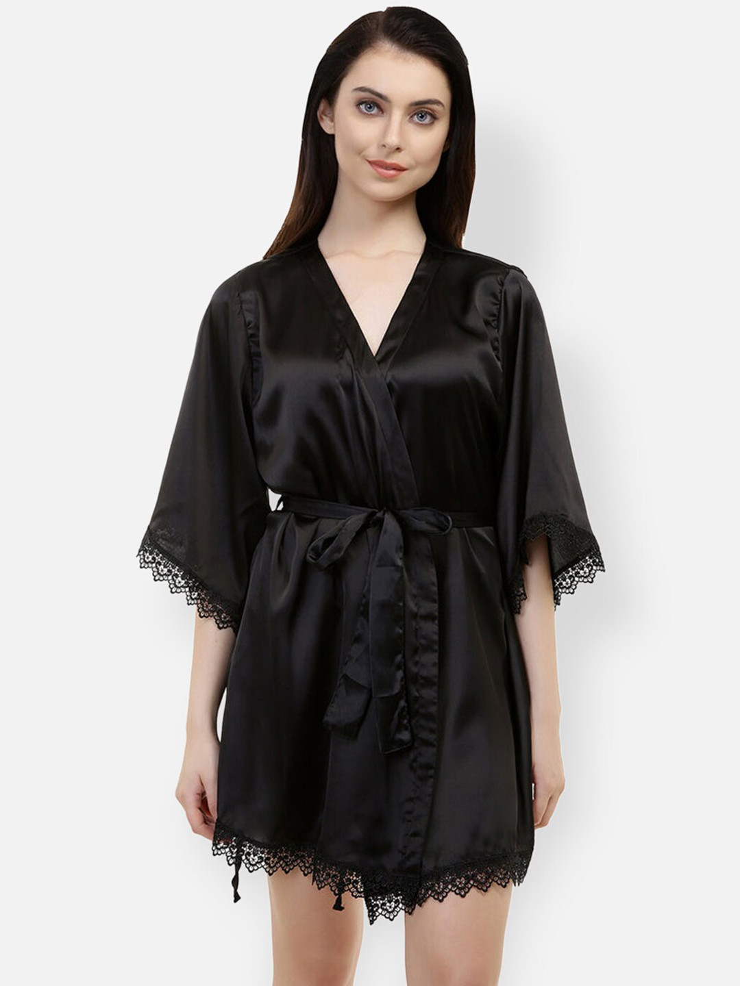 Ashtag Women Black Solid Satin Bath Robe With Belt