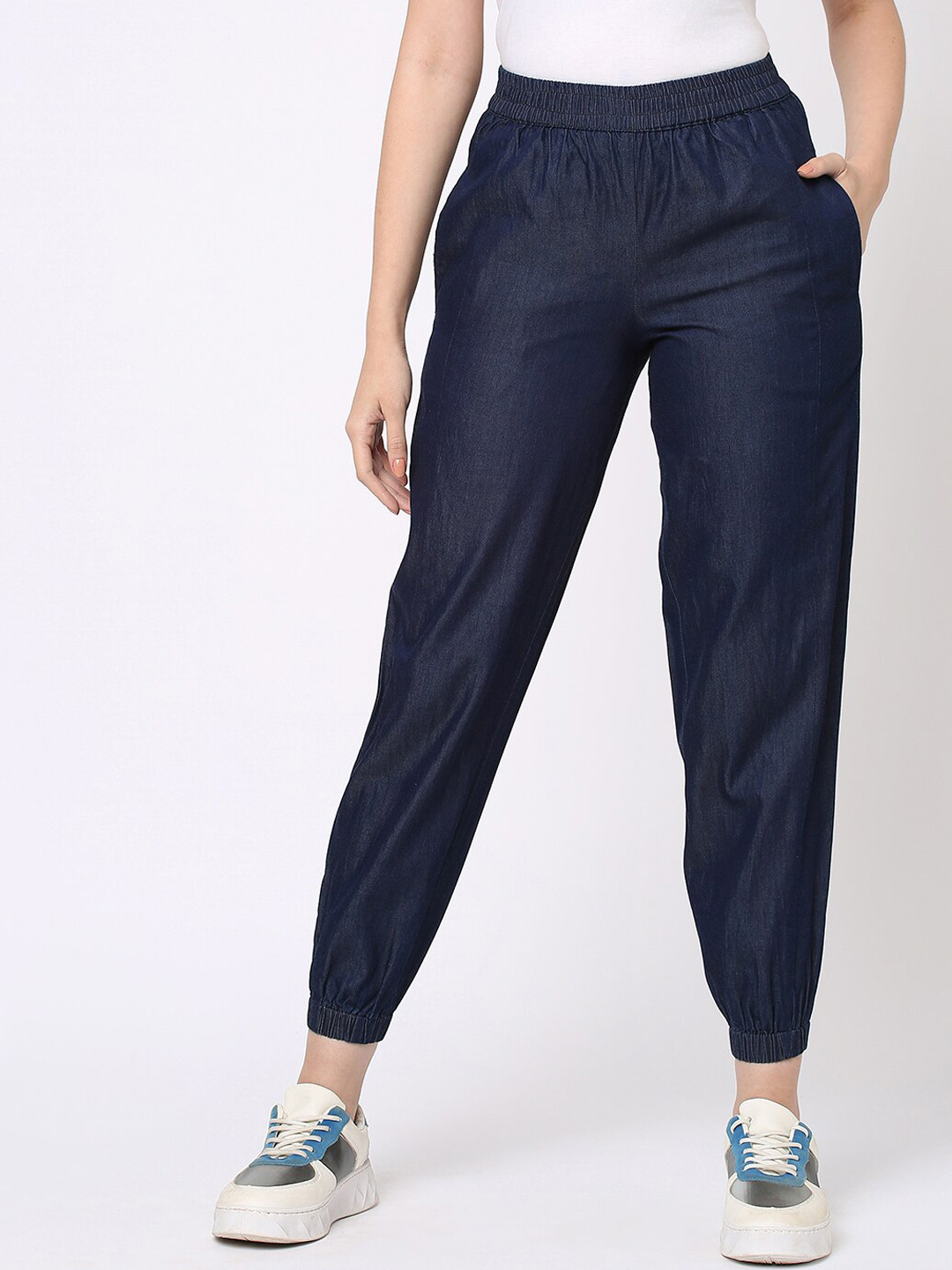 Ashtag Women Blue Smart Mom Fit Easy Wash Trousers