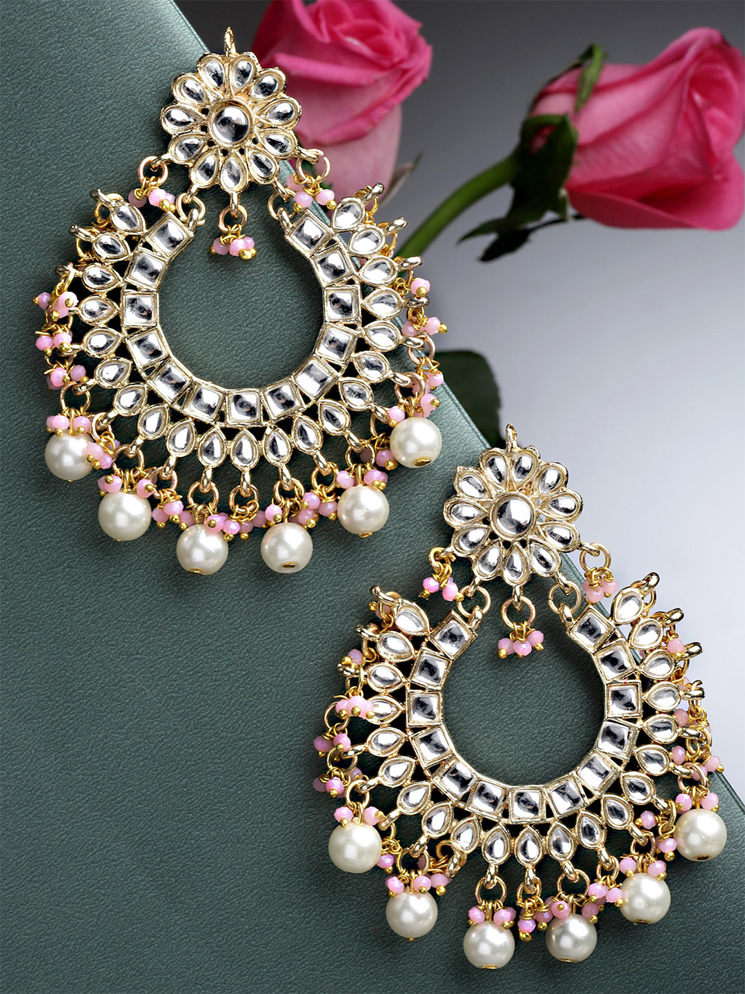KARATCART Gold-Toned & Pink Contemporary Chandbalis Kundan Earrings