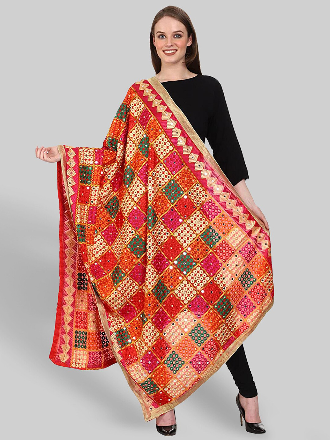 SWI Stylish Women Red & Green Embroidered Phukari Dupatta with Mirror Work