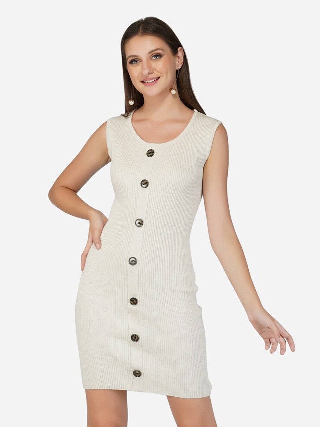 JoE Hazel Cream-Coloured Ribbed Sheath Dress