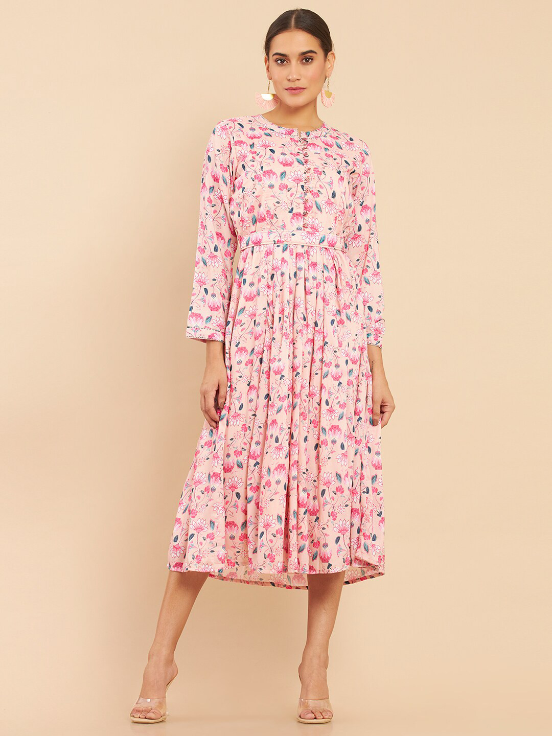 Soch Peach-Coloured & Pink Floral Midi Dress