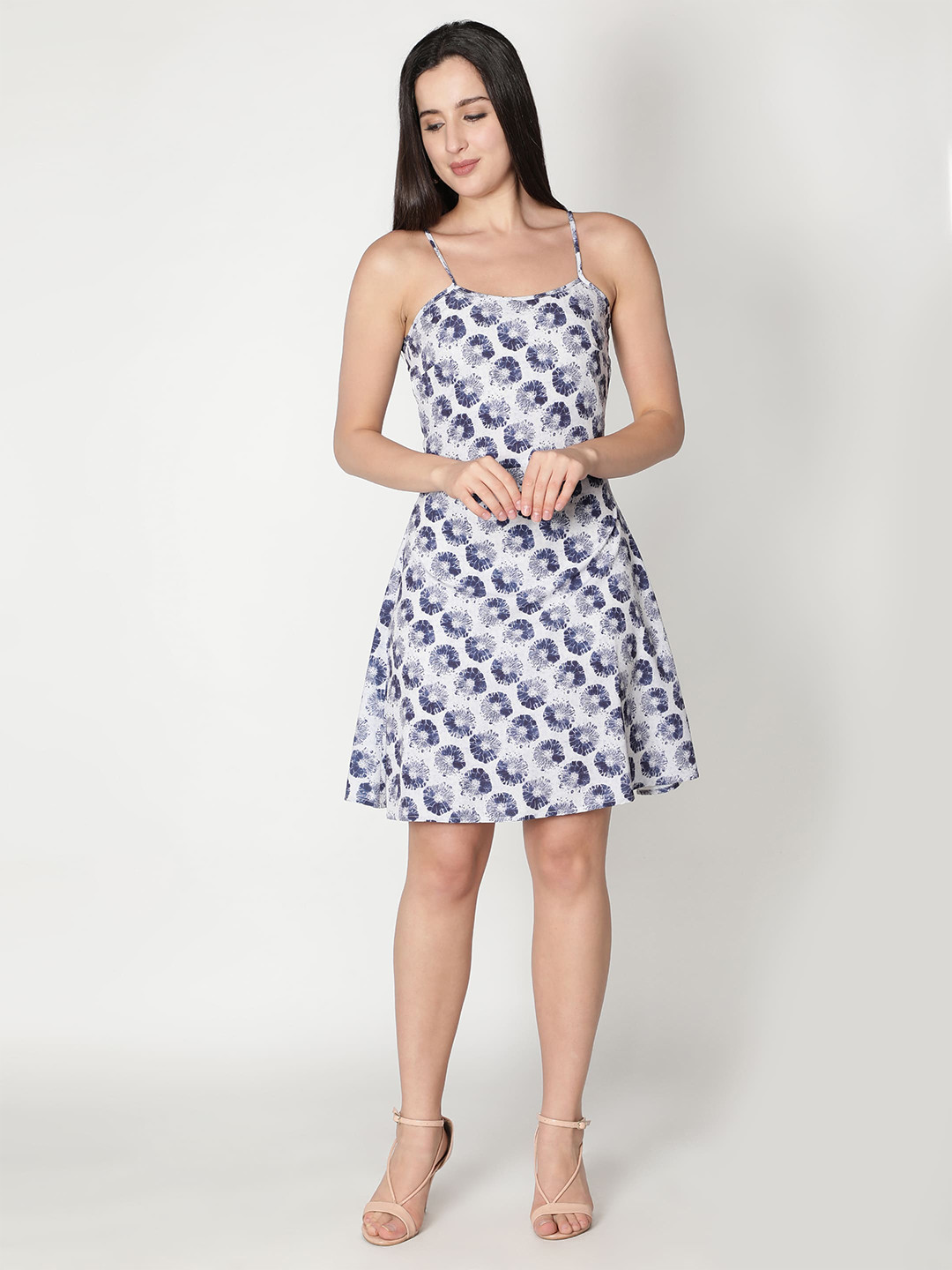 VIDE Blue Floral Crepe Fit & Flare Mini Dress