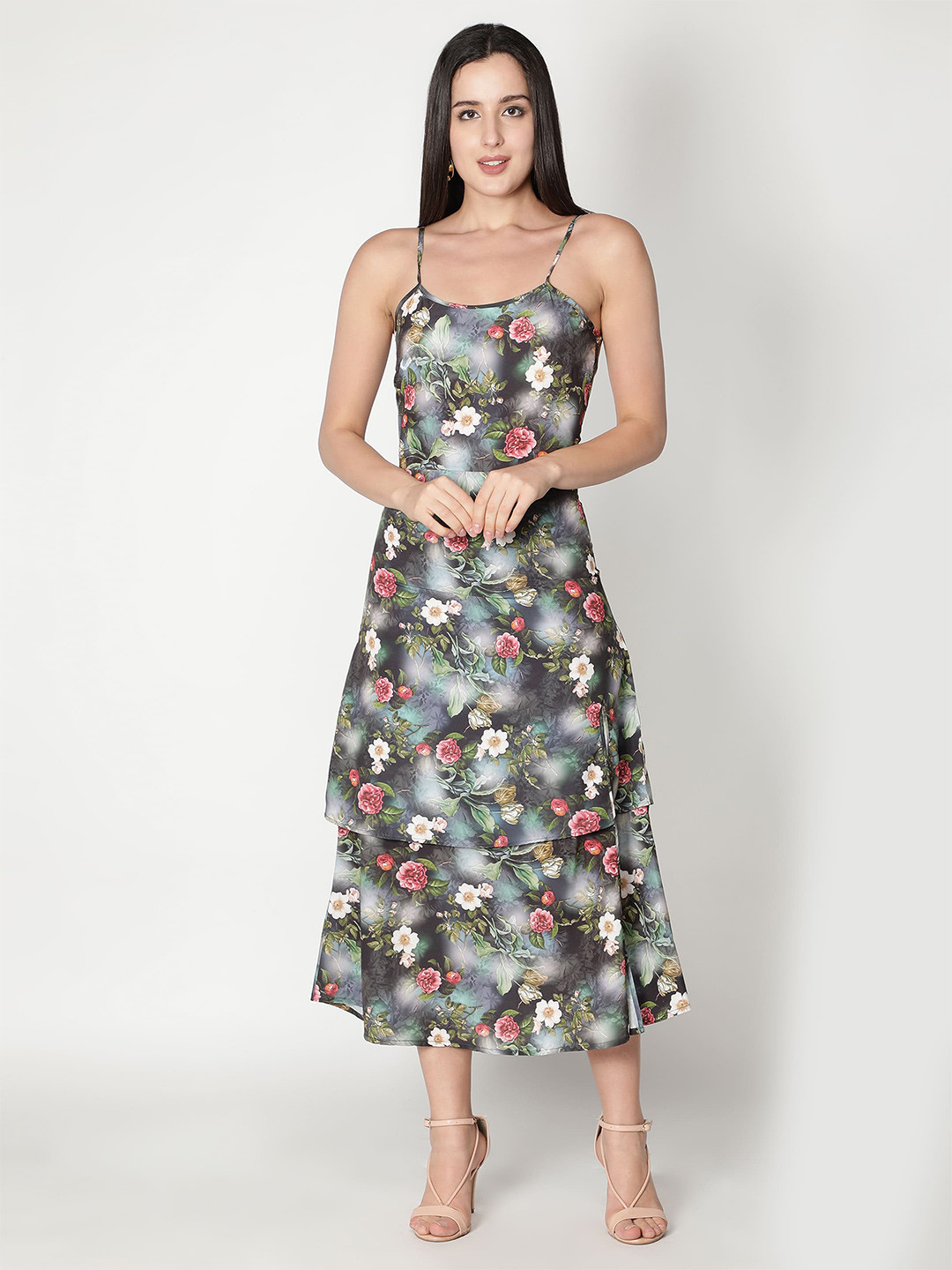 VIDE Black & White Floral Crepe A-Line Midi Dress