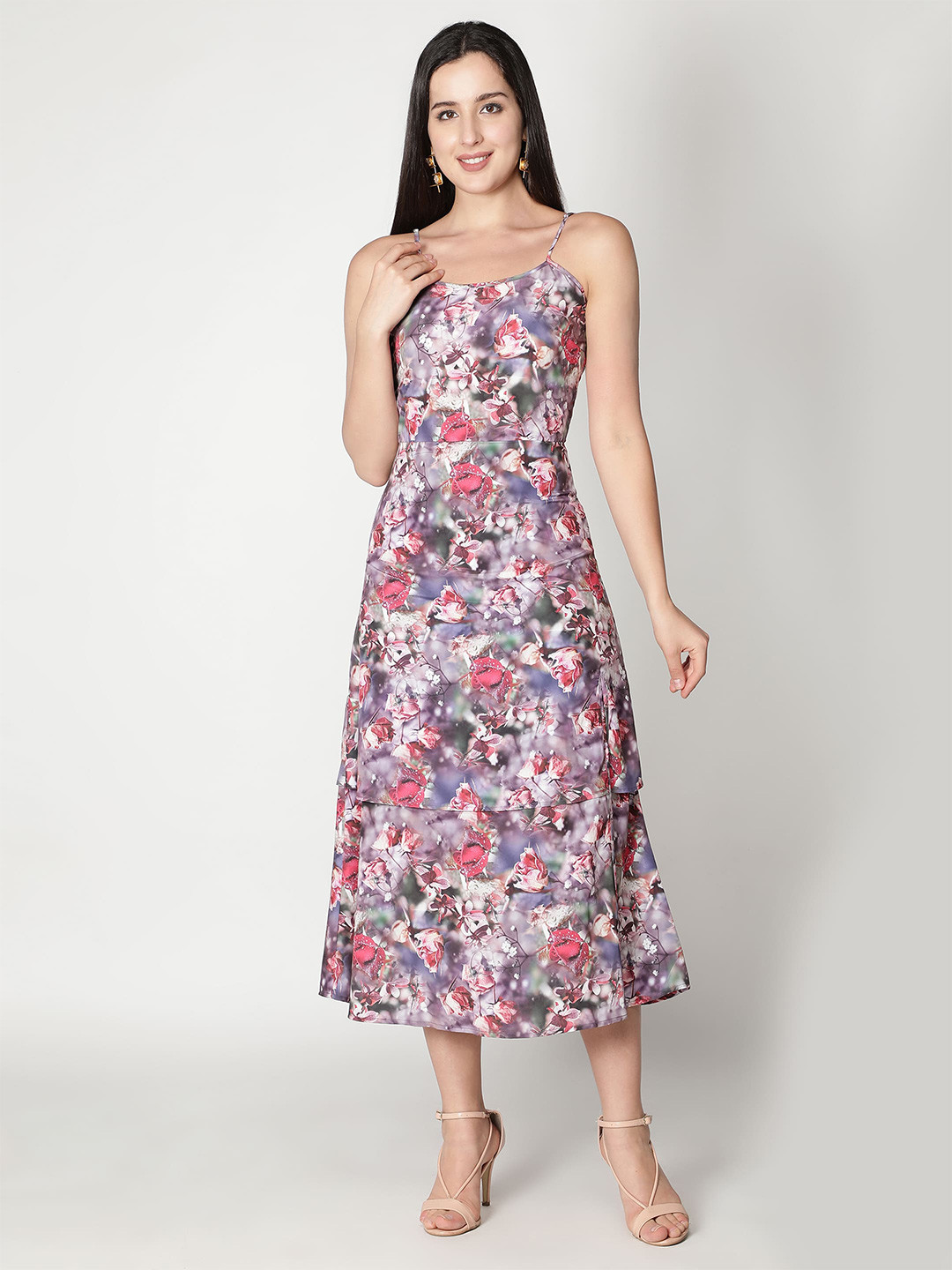 VIDE Grey & Pink Floral Crepe Midi Dress